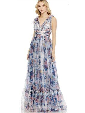 Mac Duggal Dress Gown Womens Size 8 Floral Chiffon Tiered Blue Pink 11332